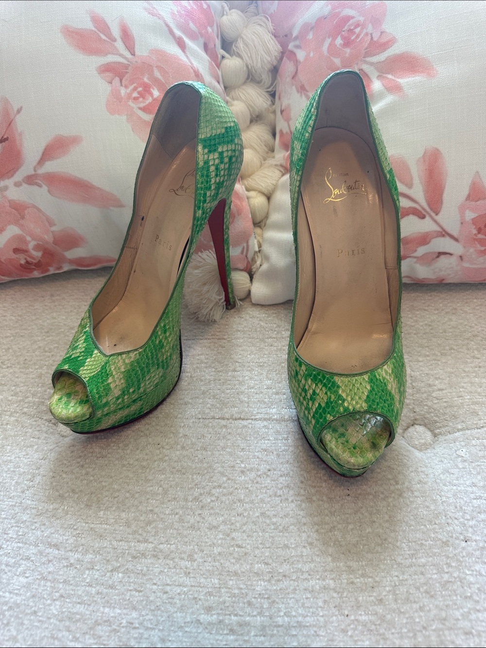 Christian Louboutin Green Snakeskin Peep-Toe Stilettos with Red Soles